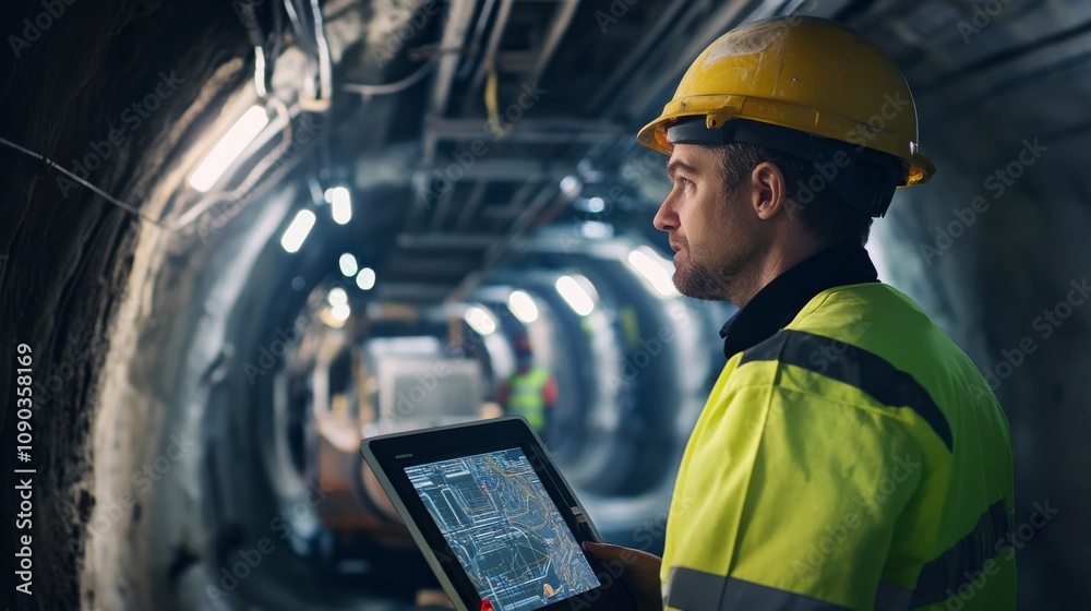Poster A focused portrait of a tunnel engineer monitoring tunnel boring machine progress underground, Tunnel boring machine monitoring scene, Technical and underground style