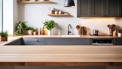 Warm and inviting kitchen setting with a wooden table, ideal for showcasing products or food items