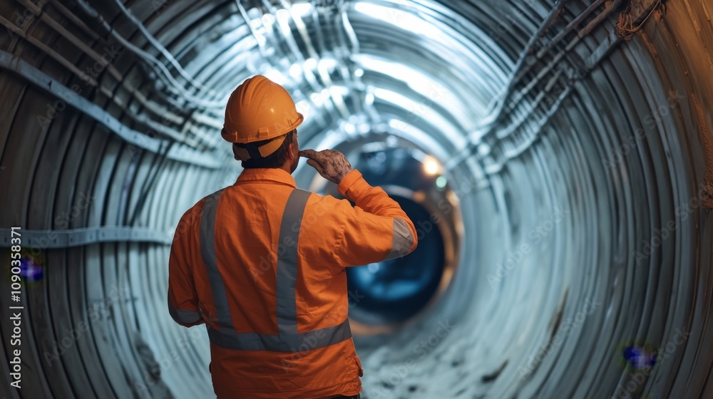 Poster A focused portrait of a tunnel engineer monitoring tunnel boring machine progress underground, Tunnel boring machine monitoring scene, Technical and underground style