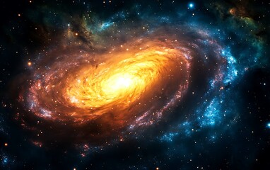 Obraz premium Vibrant spiral galaxy with glowing core and colorful nebulae.