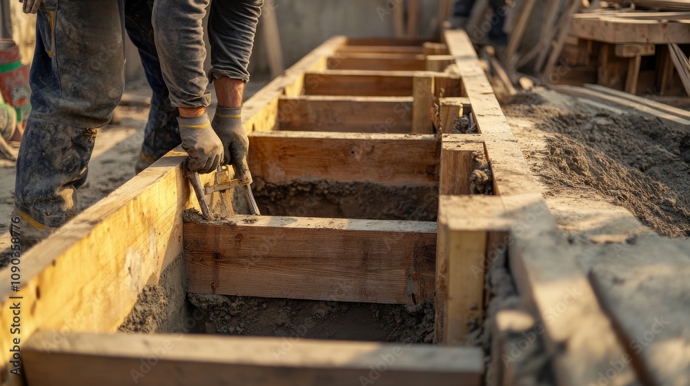 Poster A focused shot of a carpenter assembling wooden formwork for a building foundation, Formwork construction scene, Skilled and meticulous style