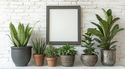 Modern Minimalist Home Decor Empty Frame Mockup with Potted Plants