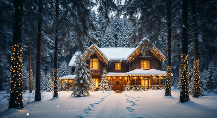 cute and cozy house in the winter forest decorated for Christmas, lights, wreaths and lights around. Generative AI