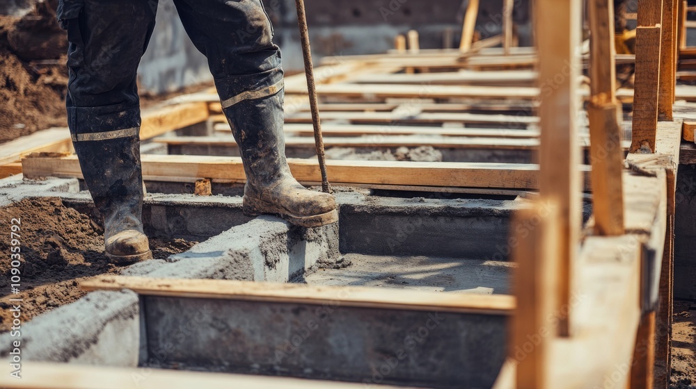 Poster A focused shot of a carpenter installing formwork for a building foundation, Formwork installation scene, Skilled and meticulous style