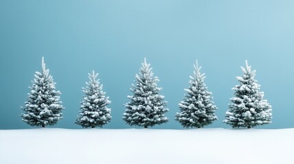 Serene Winter Scene Five Snow Covered Pine Trees