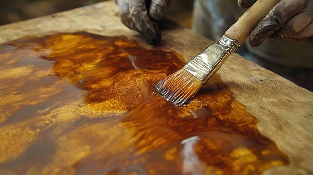 Applying Varnish to Wood Craftsmanship Woodworking Finishing Glossy Polished Texture Brush Wood