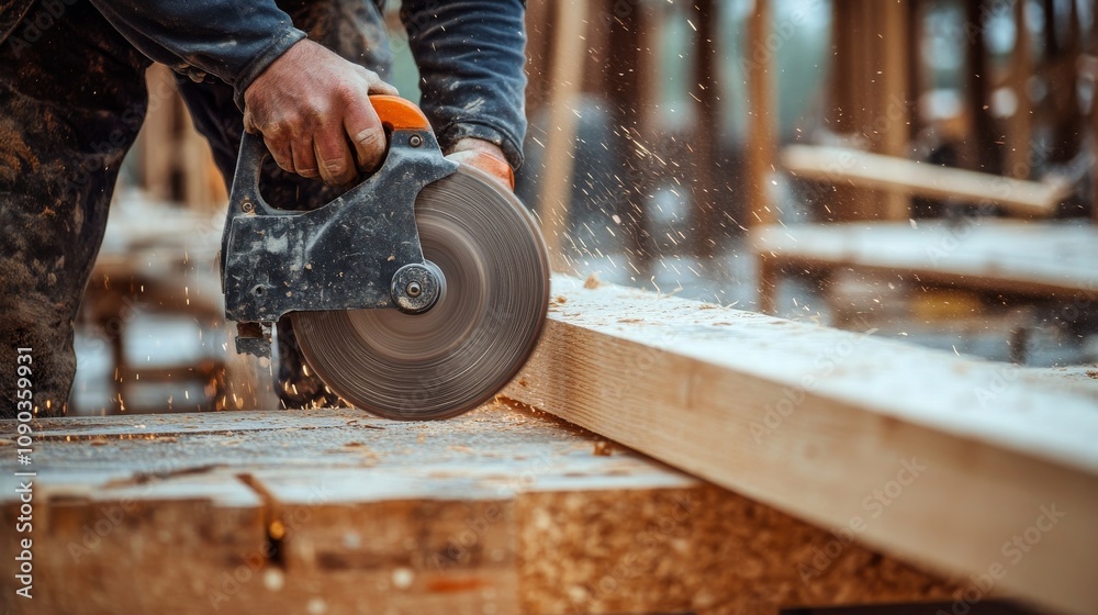 Poster a focused shot of a carpenter using a circular saw to cut plywood for formwork on a building foundat