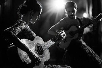Obraz premium Woman Playing Guitar with a Man Behind Her in Black and White