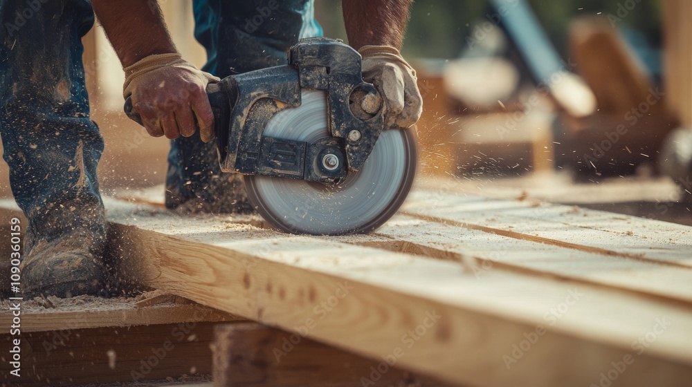 Poster a focused shot of a carpenter using a circular saw to cut plywood for formwork on a building foundat