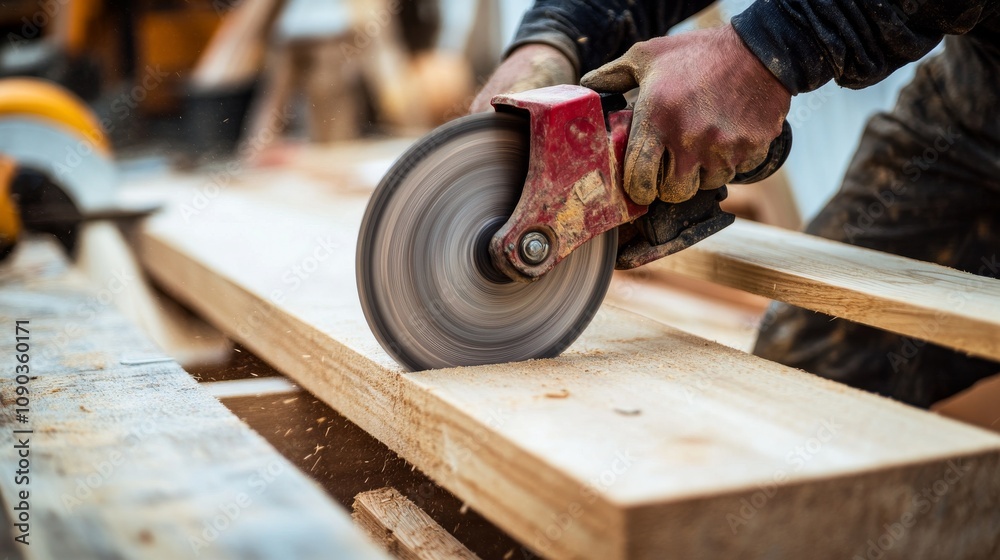Aufkleber a focused shot of a carpenter using a circular saw to cut plywood for formwork on a building foundat
