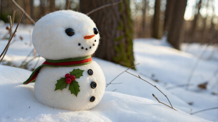 Charming snowman adorned with a festive scarf and holly standing in a snowy woodland setting
