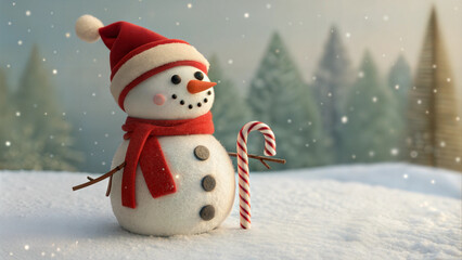 Obraz premium Jolly snowman wearing a Santa hat and red scarf holding a candy cane in a snowy landscape, cute New Year's illustration for a greeting card, copy space