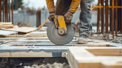 A focused shot of a carpenter using a circular saw to cut timber beams on a construction site, Timber construction scene, Skilled and precise style