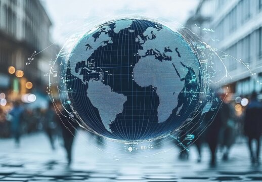 Digital World Globe Overlay on Urban City Background with Blurred Pedestrians Representing Global Connectivity and Technology in Modern Lifestyle - Powered by Adobe