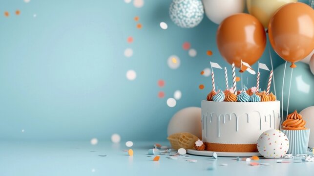 Vibrant Birthday Cake with Colorful Cupcakes and Balloons on a Festive Background  Delicious Dessert and Party for a Joyful