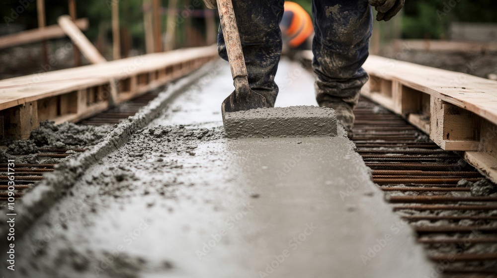 Poster a focused shot of a concrete worker pouring and leveling concrete on a bridge deck, bridge construct