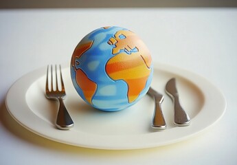 Conceptual representation of global hunger with a globe placed on a plate alongside cutlery, symbolizing the need for sustainable food solutions and awareness of food distribution issues