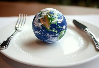 A Symbolic Representation of Earth on a Plate, Highlighting Issues of Global Food Security, Environmental Responsibility, and Sustainable Practices in Modern Society