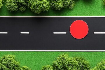 Ahead change as a minimalist black road intersecting a bold red circle symbolizing transformation