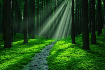 Fototapeta premium Ahead change as a forest path opening into a bright meadow, symbolizing a shift from darkness to light