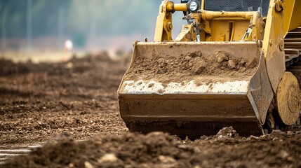 Fototapeta premium A focused shot of a heavy equipment operator maneuvering a bulldozer at an earthmoving site, Earthmoving scene, Powerful and controlled style