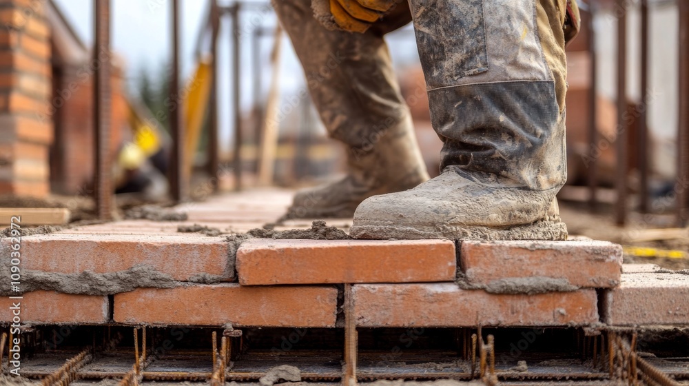 Poster a focused shot of a mason laying bricks on a construction site, masonry scene, methodical and struct