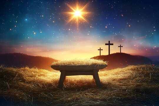 An empty manger with a backdrop of Holy crosses as a concept of faith and redemption