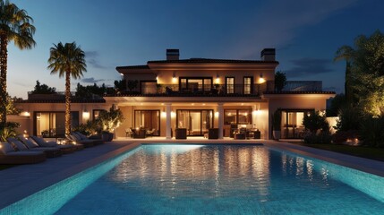 Luxury Villa with Pool and Palm Trees at Night