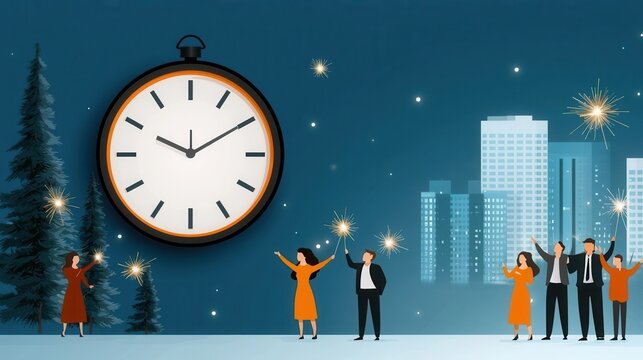 Silhouettes of business professionals standing against a modern city skyline at night with a large clock in the foreground and colorful fireworks exploding in the background