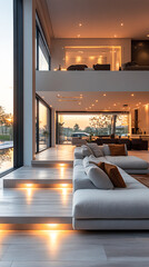 Fototapeta premium Modern Living Room with Stunning Sunset View