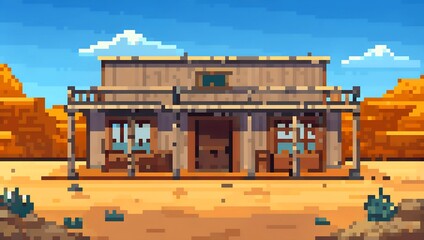 Western saloon in a desert setting during daytime pixel art background. 8-bit game assets