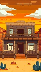 Western saloon in a desert setting at sunset pixel art background. 8-bit game assets