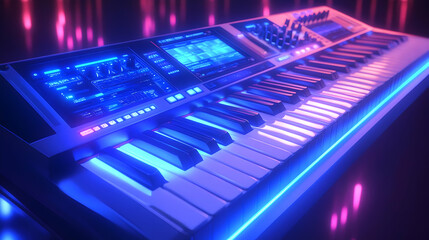 Synth Keyboard 3D Illustration Neon Lights