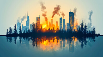 Obraz premium Urban Pollution Reflecting in Calm Water at Sunset