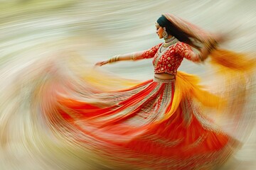 A Woman in a Red and Gold Sari Twirling in a Whirlwind of Fabric