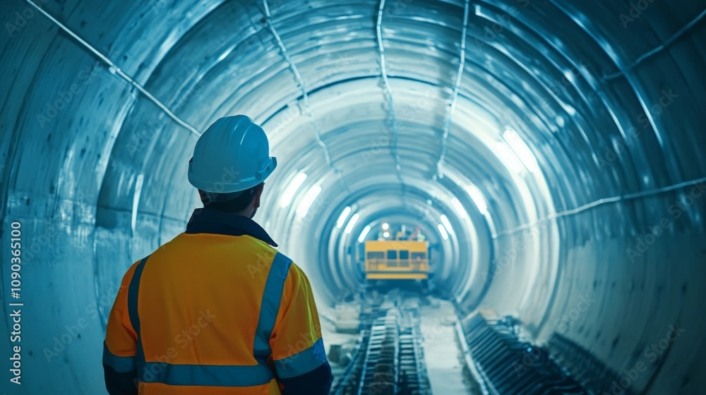 Poster A focused shot of a tunnel construction worker inspecting tunnel boring machine components underground, Tunnel excavation scene, Technical and underground style