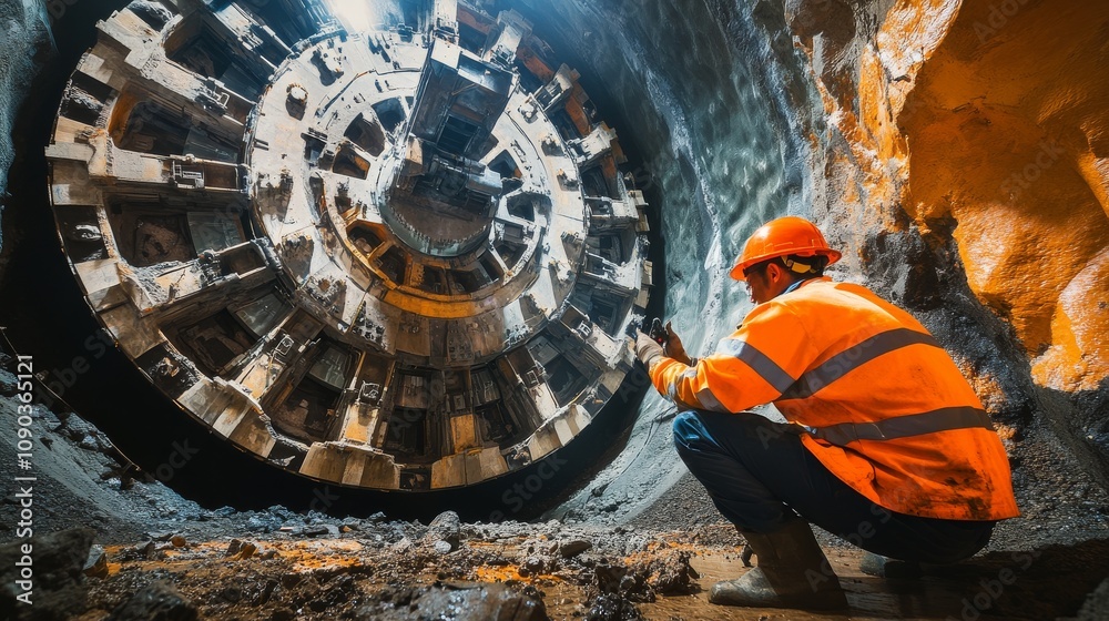 Poster A focused shot of a tunnel construction worker inspecting tunnel boring machine components underground, Tunnel excavation scene, Technical and underground style