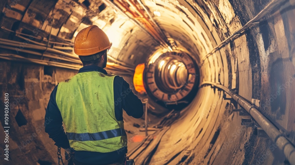 Poster A focused shot of a tunnel construction worker inspecting tunnel boring machine components underground, Tunnel excavation scene, Technical and underground style