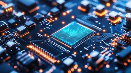 Fototapeta premium Close-up of a Circuit Board with Illuminated Central Processing Unit