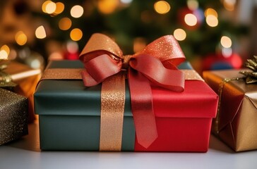 Vibrantly Wrapped Christmas Gift Box with Bokeh Christmas Tree Background and Decorative Bow for Holiday Celebrations and Festive Gatherings