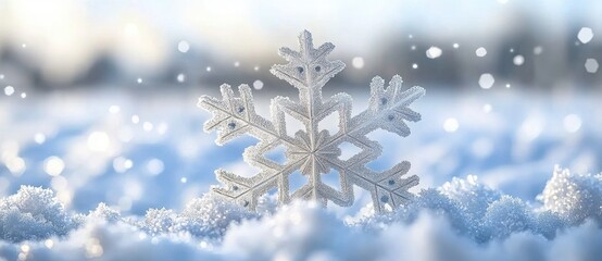 Delicate Snowflake on a Blanket of Soft Snow with a Dreamy Background of Glimmering Lights and Frosty Atmosphere, Capturing the Magic of Winter