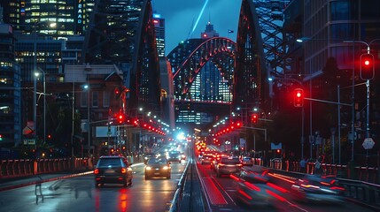 A busy street scene leading to a prominent bridge with city lights shining