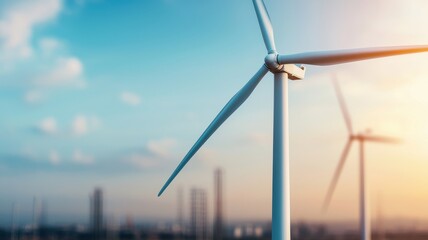 Fototapeta premium A close-up view of a wind turbine against a clear sky, representing renewable energy and sustainable practices.