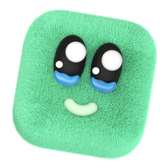 3D Green Cubic Furry Character with Teary Eyes and Charming Face