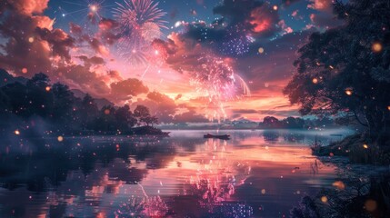 A magical evening with a boat on a lake surrounded by trees and fireworks in the sky.