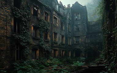 Obraz premium Foggy abandoned overgrown building with broken windows.
