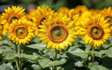 Fototapeta premium Bright yellow sunflowers blooming in a field.