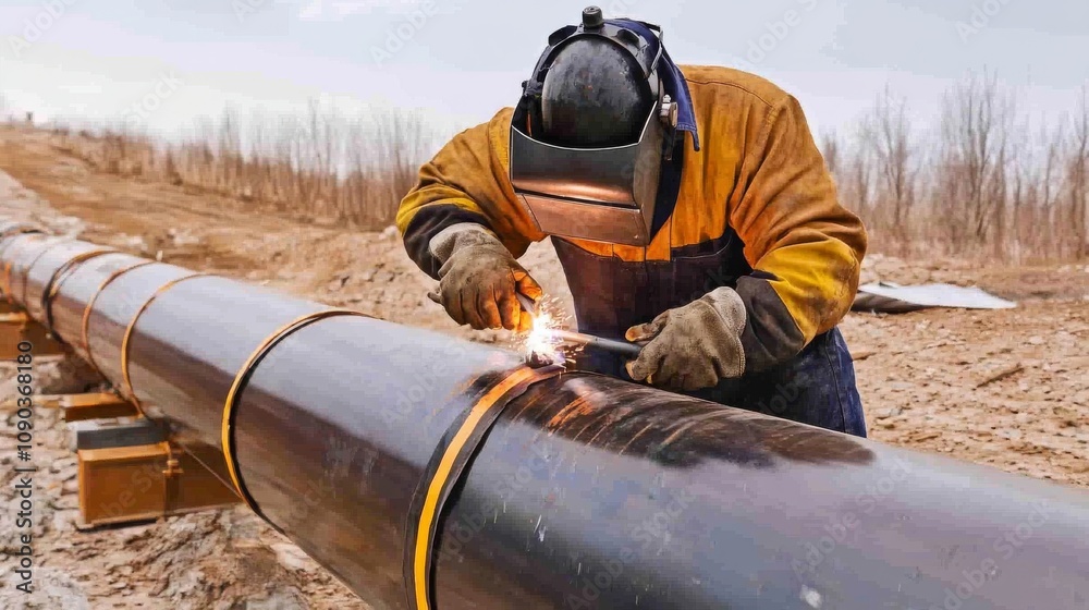 Poster A focused shot of a welder performing pipeline welding on a gas pipeline construction site, Pipeline welding scene, Skilled and meticulous style