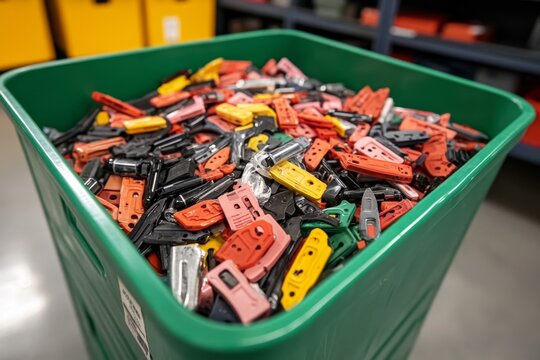Airport security confiscation bin filled with prohibited items like scissors, lighters, and liquids