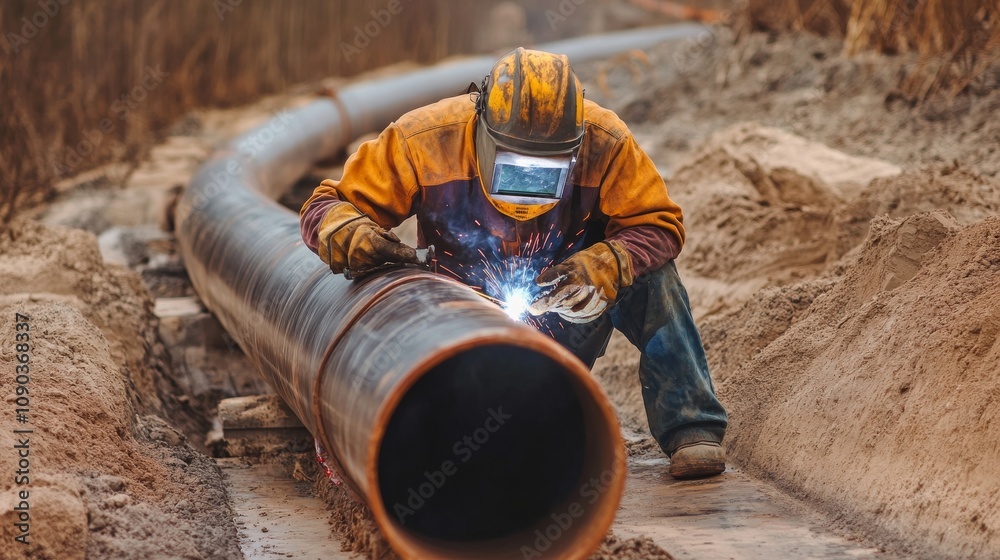 Poster A focused shot of a welder performing pipeline welding on a gas pipeline construction site, Pipeline welding scene, Skilled and meticulous style